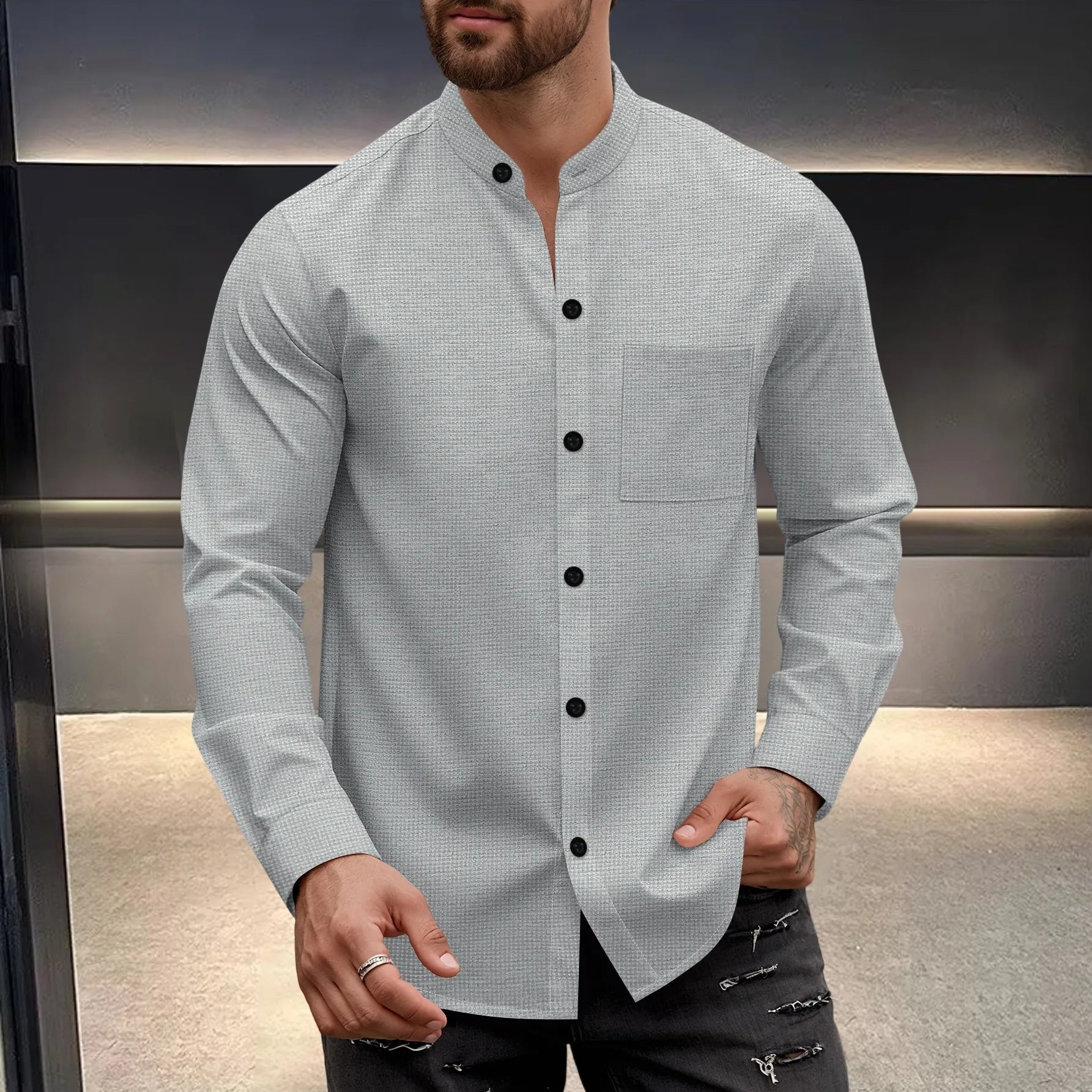 Men's Waffle Shirt Fashionable Stand-Up Collar Button Shirt and Trousers 1/2 Pieces Comfortable Breathable Casual