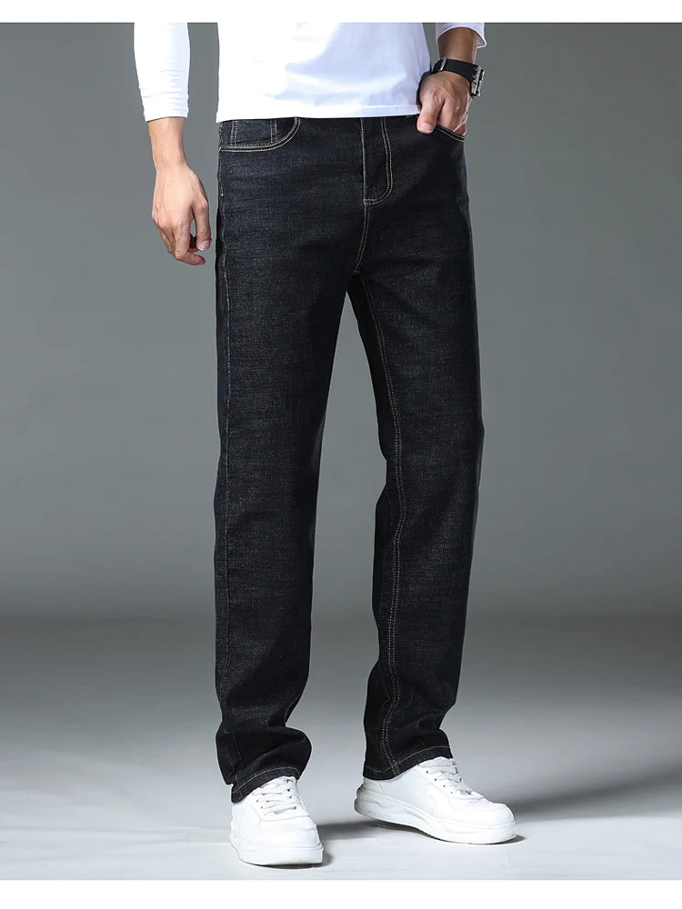 2026 New Men's Straight Denim Pants  Brand Clothes Black Blue  Jeans Classic Washed Stretch Cotton Business Casual Pants