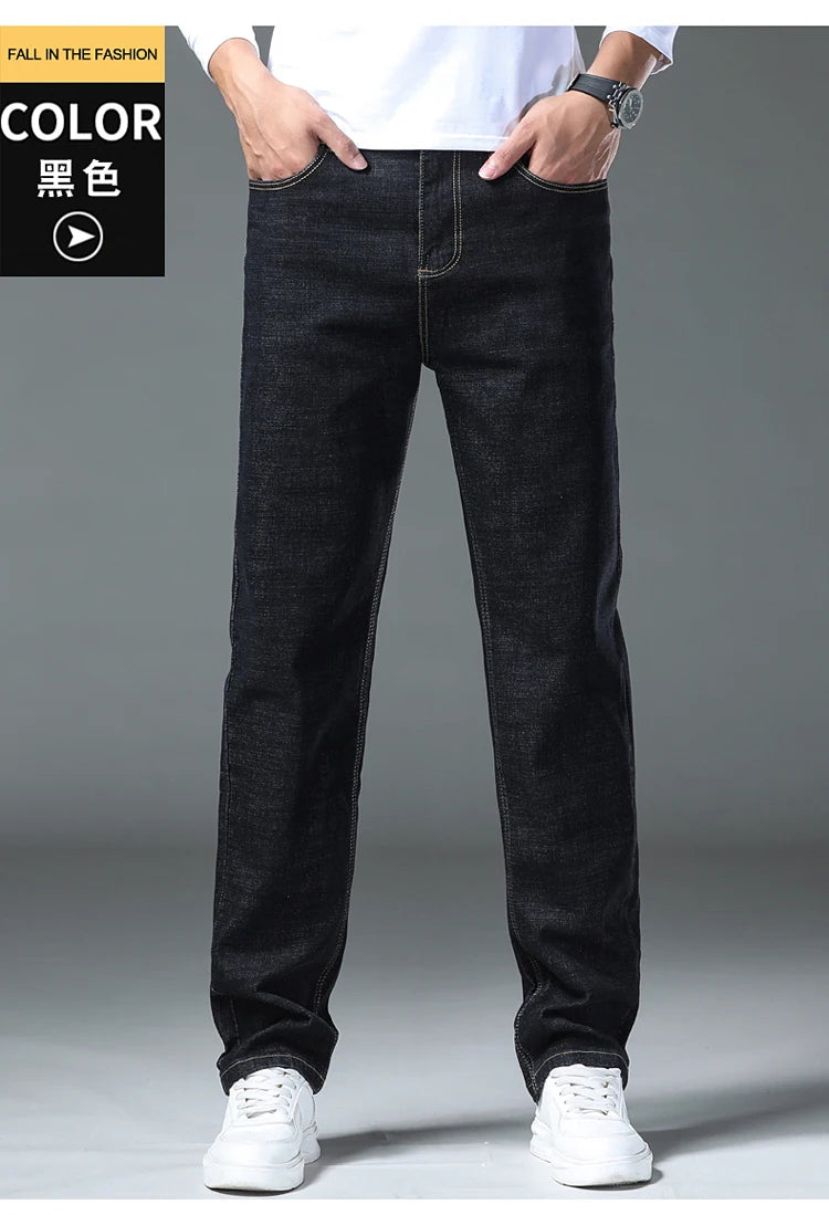 2026 New Men's Straight Denim Pants  Brand Clothes Black Blue  Jeans Classic Washed Stretch Cotton Business Casual Pants