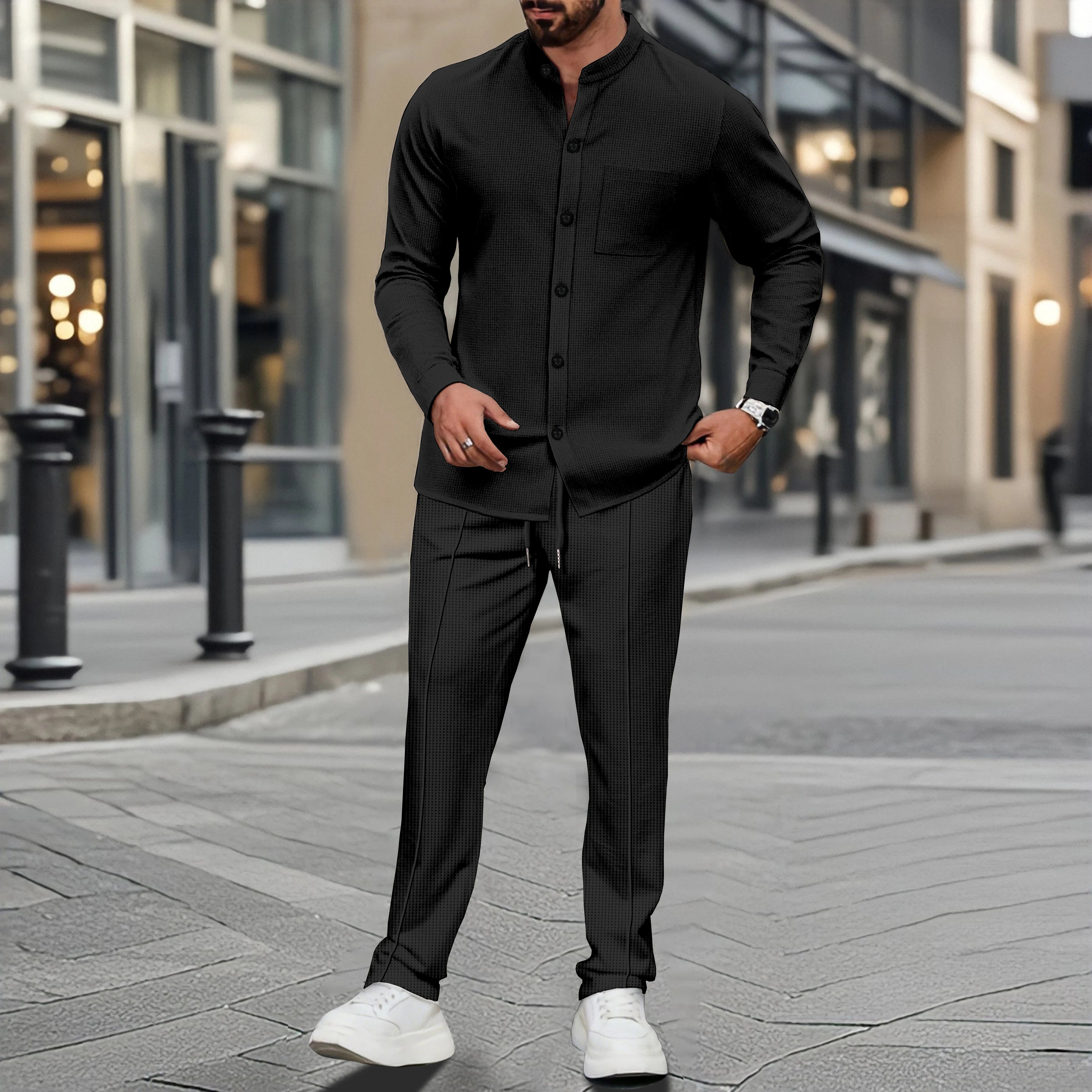 Men's Waffle Shirt Fashionable Stand-Up Collar Button Shirt and Trousers 1/2 Pieces Comfortable Breathable Casual
