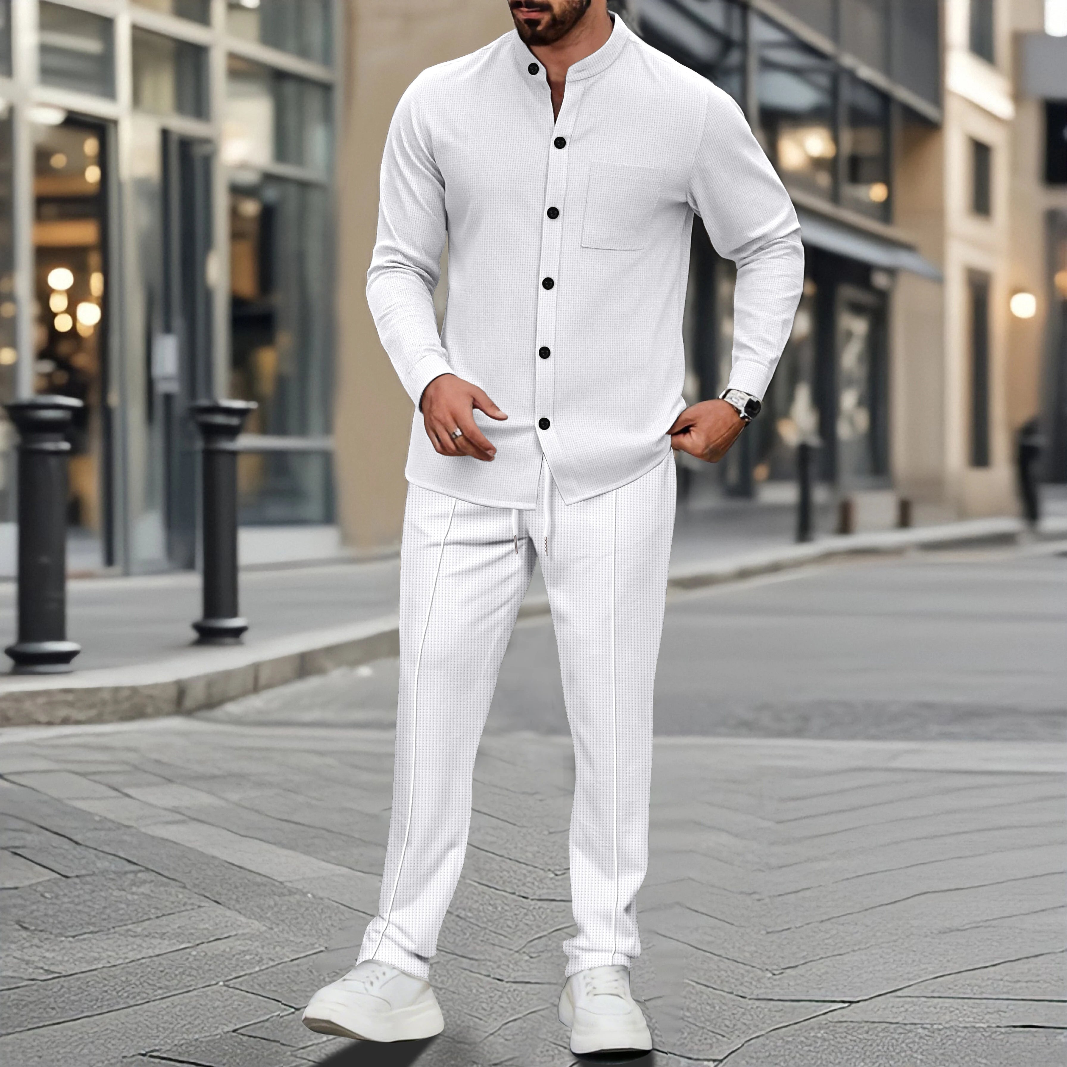 Men's Waffle Shirt Fashionable Stand-Up Collar Button Shirt and Trousers 1/2 Pieces Comfortable Breathable Casual