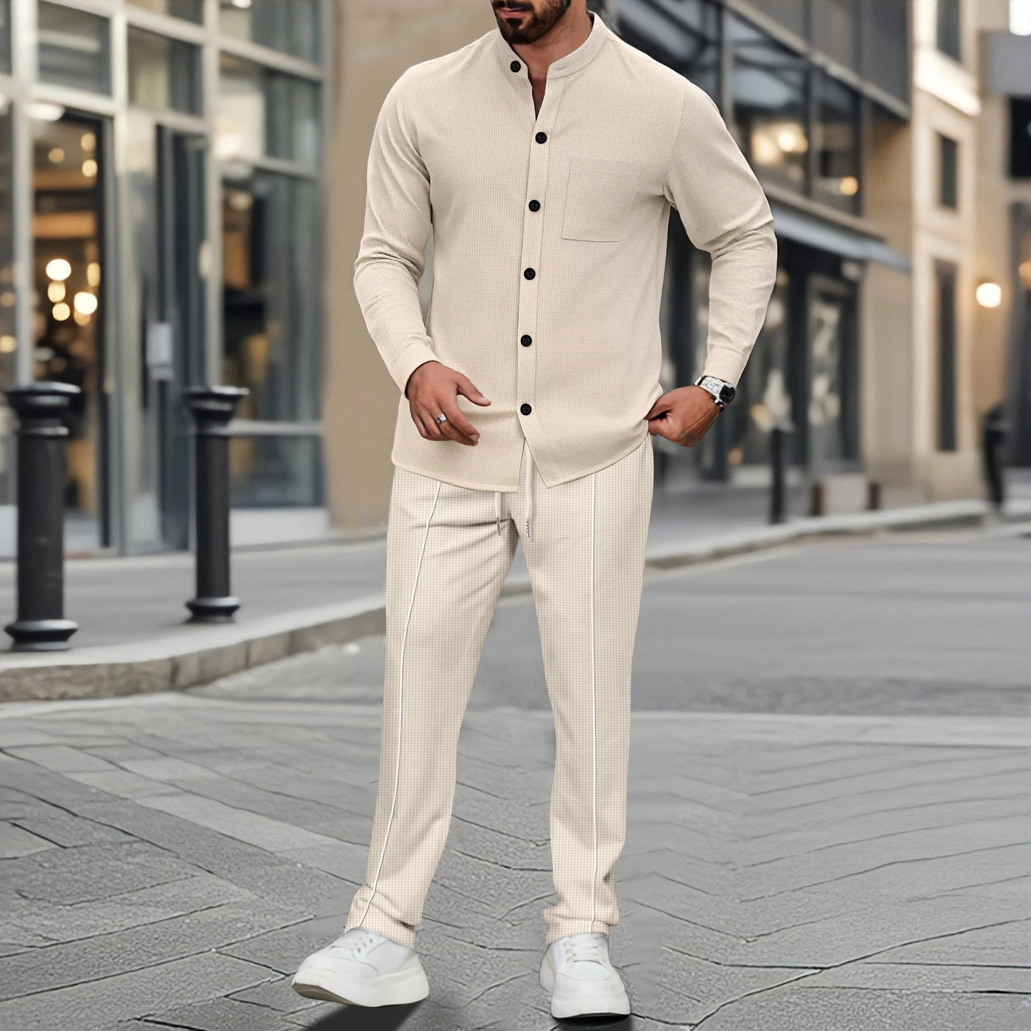 Men's Waffle Shirt Fashionable Stand-Up Collar Button Shirt and Trousers 1/2 Pieces Comfortable Breathable Casual