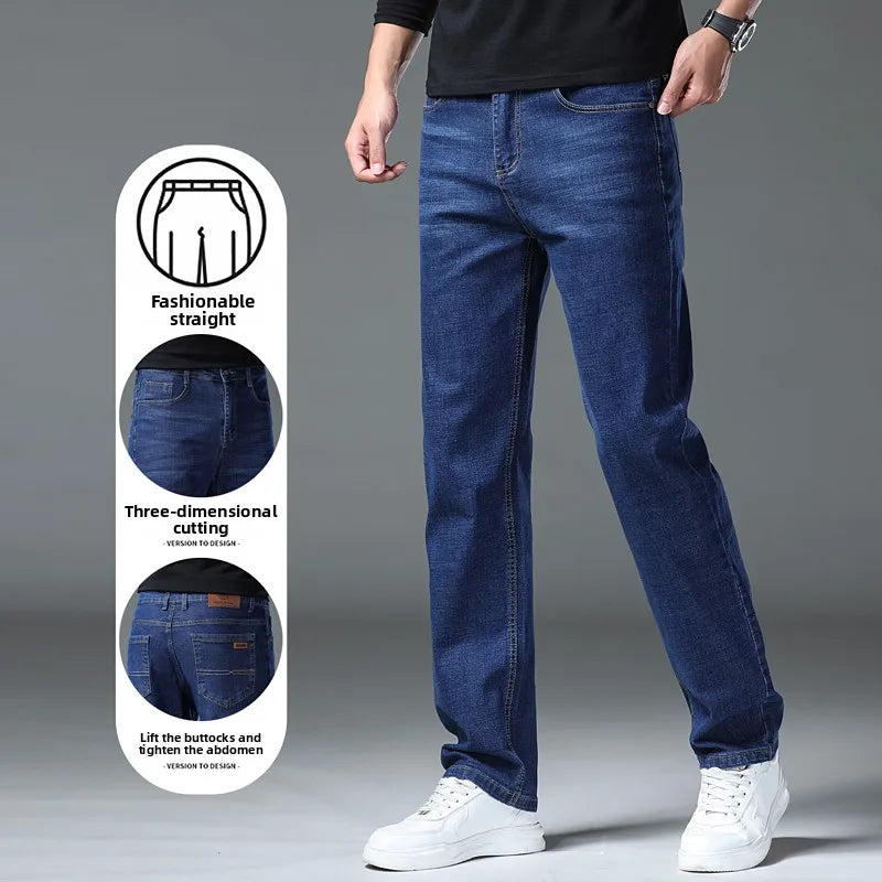 2026 New Men's Straight Denim Pants  Brand Clothes Black Blue  Jeans Classic Washed Stretch Cotton Business Casual Pants