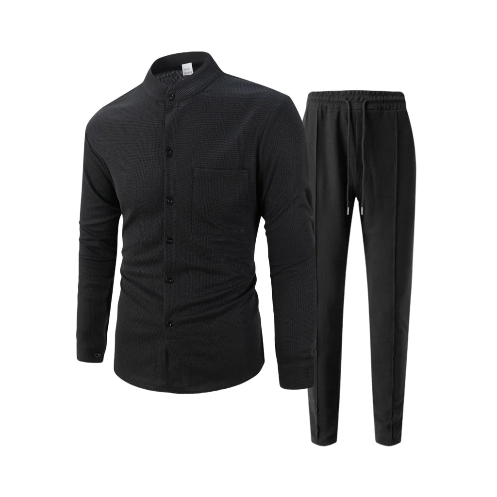 Men's Waffle Shirt Fashionable Stand-Up Collar Button Shirt and Trousers 1/2 Pieces Comfortable Breathable Casual