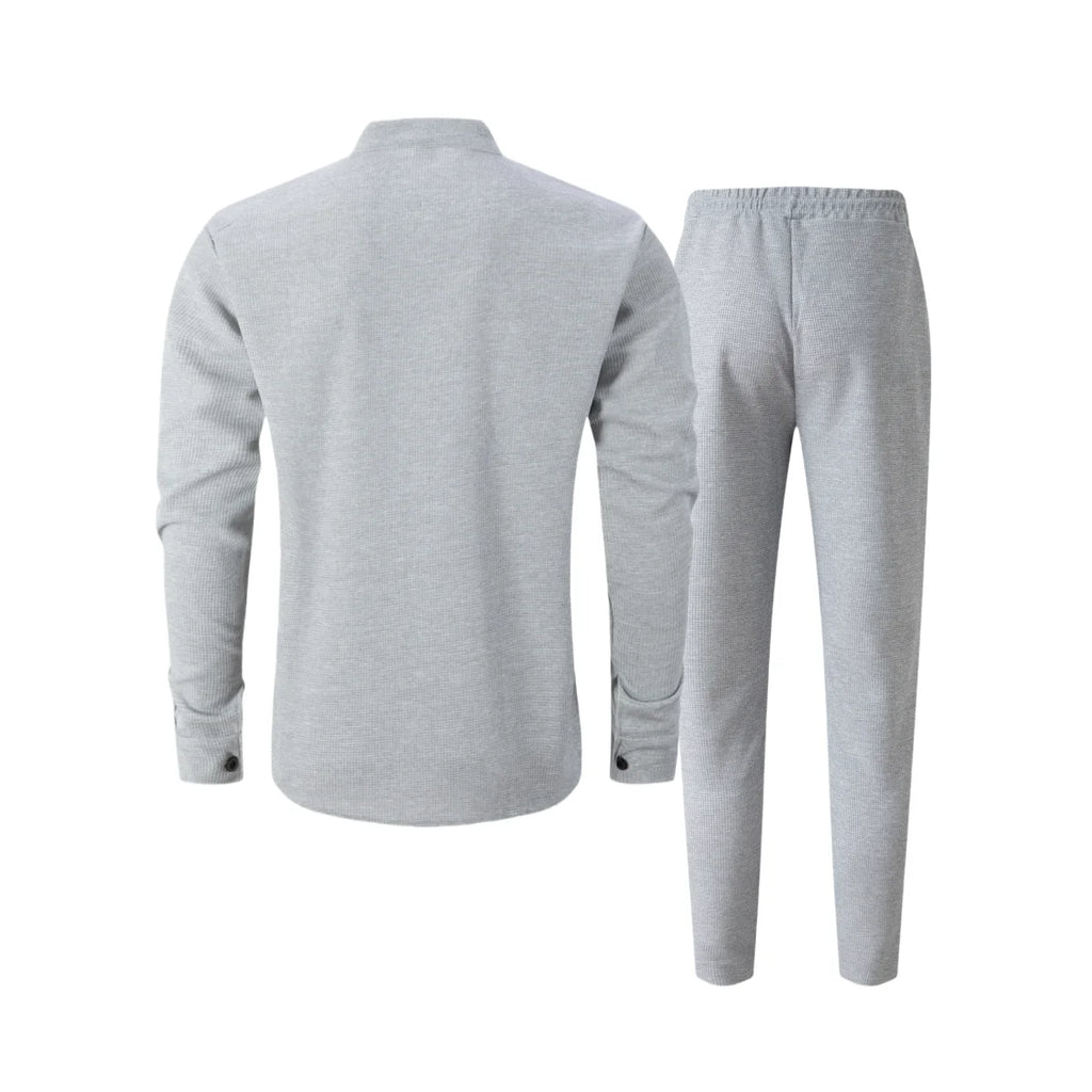 Men's Waffle Shirt Fashionable Stand-Up Collar Button Shirt and Trousers 1/2 Pieces Comfortable Breathable Casual