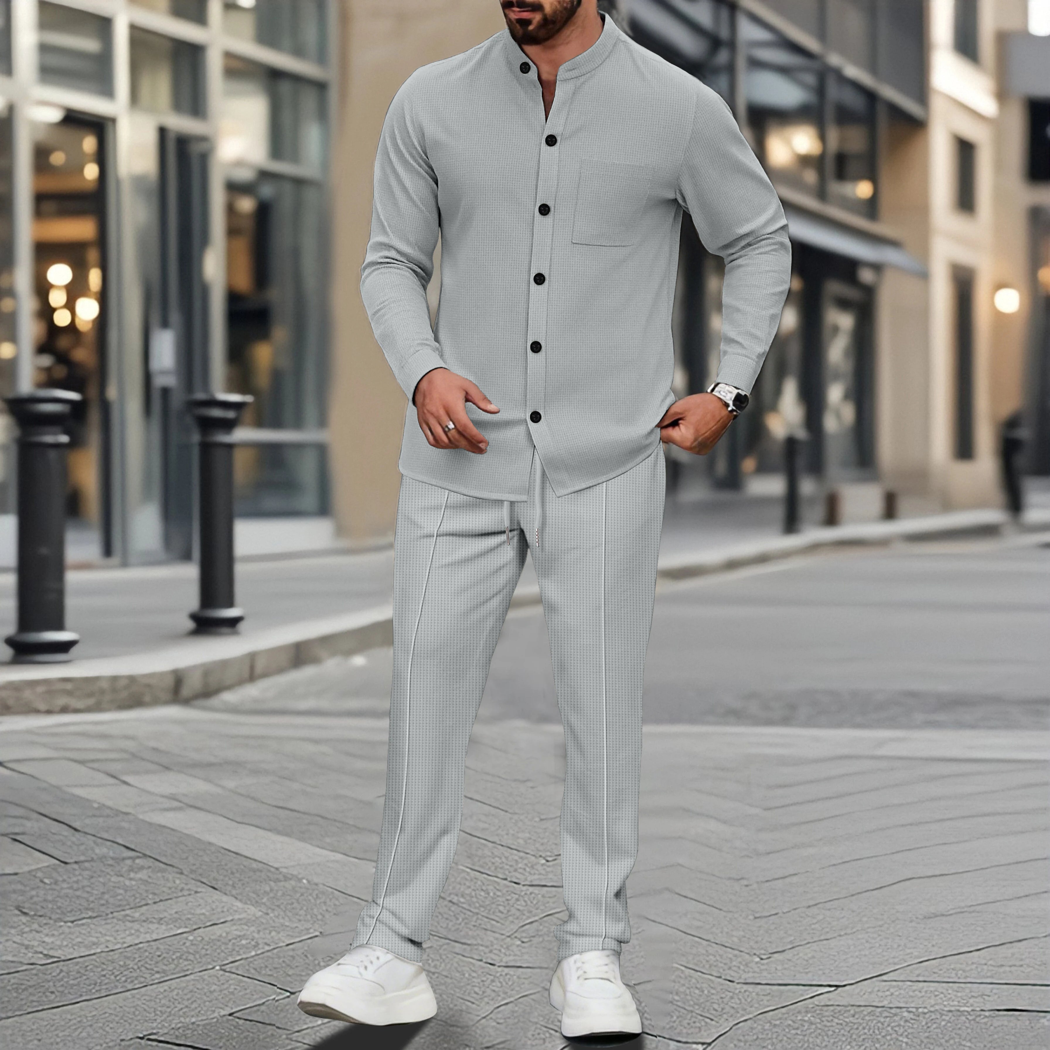 Men's Waffle Shirt Fashionable Stand-Up Collar Button Shirt and Trousers 1/2 Pieces Comfortable Breathable Casual