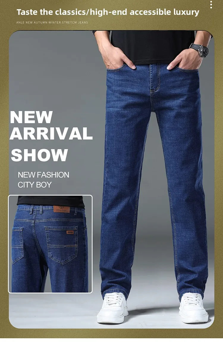 2026 New Men's Straight Denim Pants  Brand Clothes Black Blue  Jeans Classic Washed Stretch Cotton Business Casual Pants