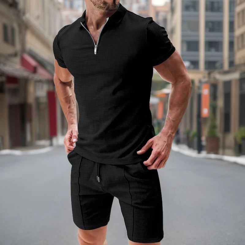 Summer Men Sports Polo Suit Short Sleeve Stylish Zipper Polo Shirt And Shorts Set Men Casual Streetwear 2-pie Leisure Sports Set