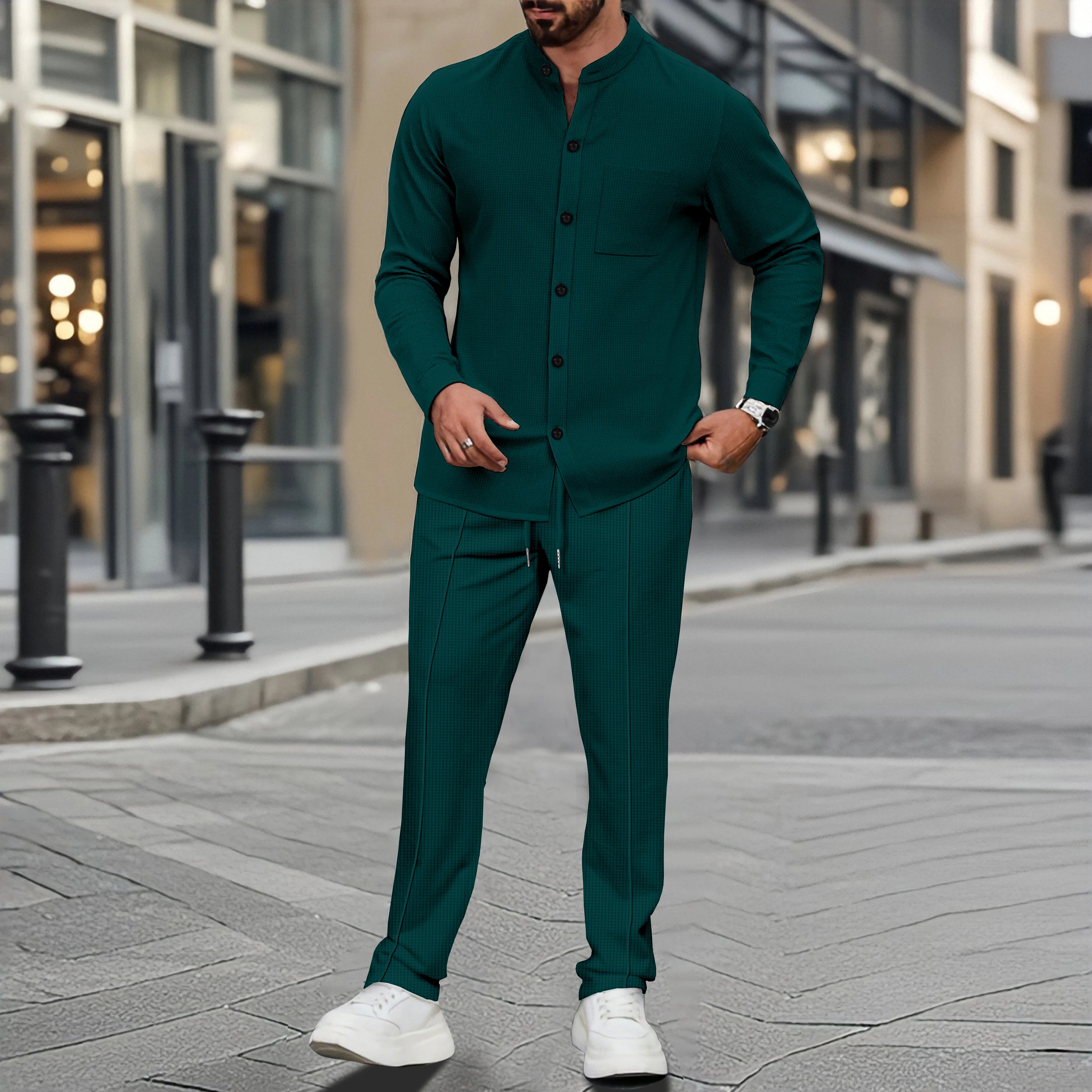 Men's Waffle Shirt Fashionable Stand-Up Collar Button Shirt and Trousers 1/2 Pieces Comfortable Breathable Casual
