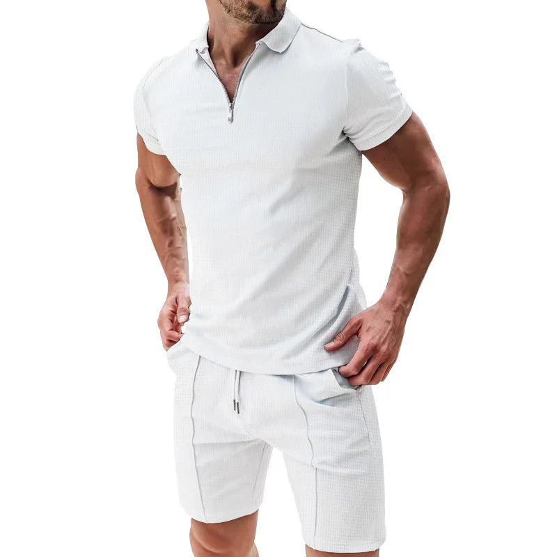 Summer Men Sports Polo Suit Short Sleeve Stylish Zipper Polo Shirt And Shorts Set Men Casual Streetwear 2-pie Leisure Sports Set