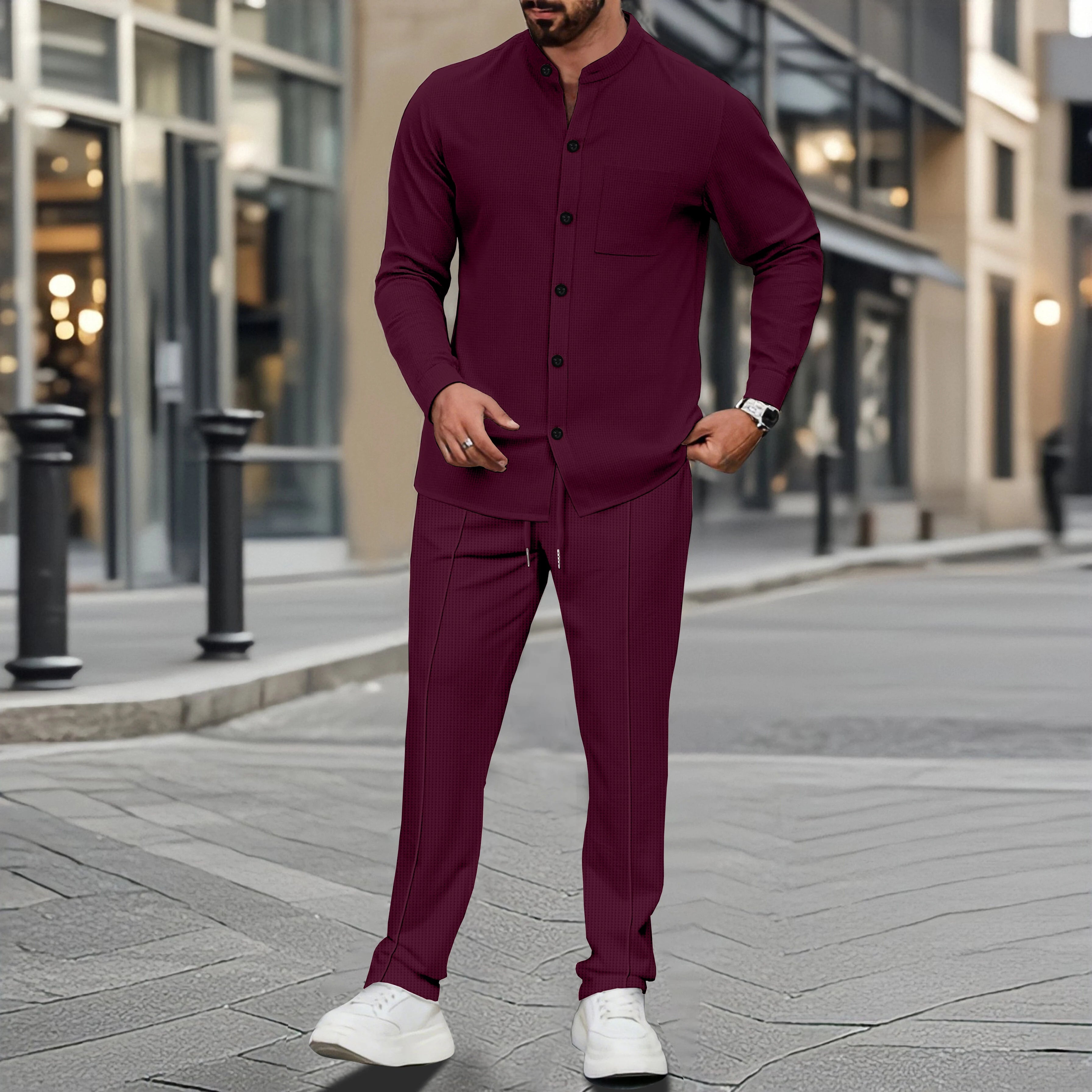 Men's Waffle Shirt Fashionable Stand-Up Collar Button Shirt and Trousers 1/2 Pieces Comfortable Breathable Casual