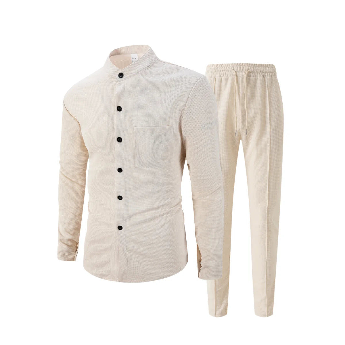 Men's Waffle Shirt Fashionable Stand-Up Collar Button Shirt and Trousers 1/2 Pieces Comfortable Breathable Casual