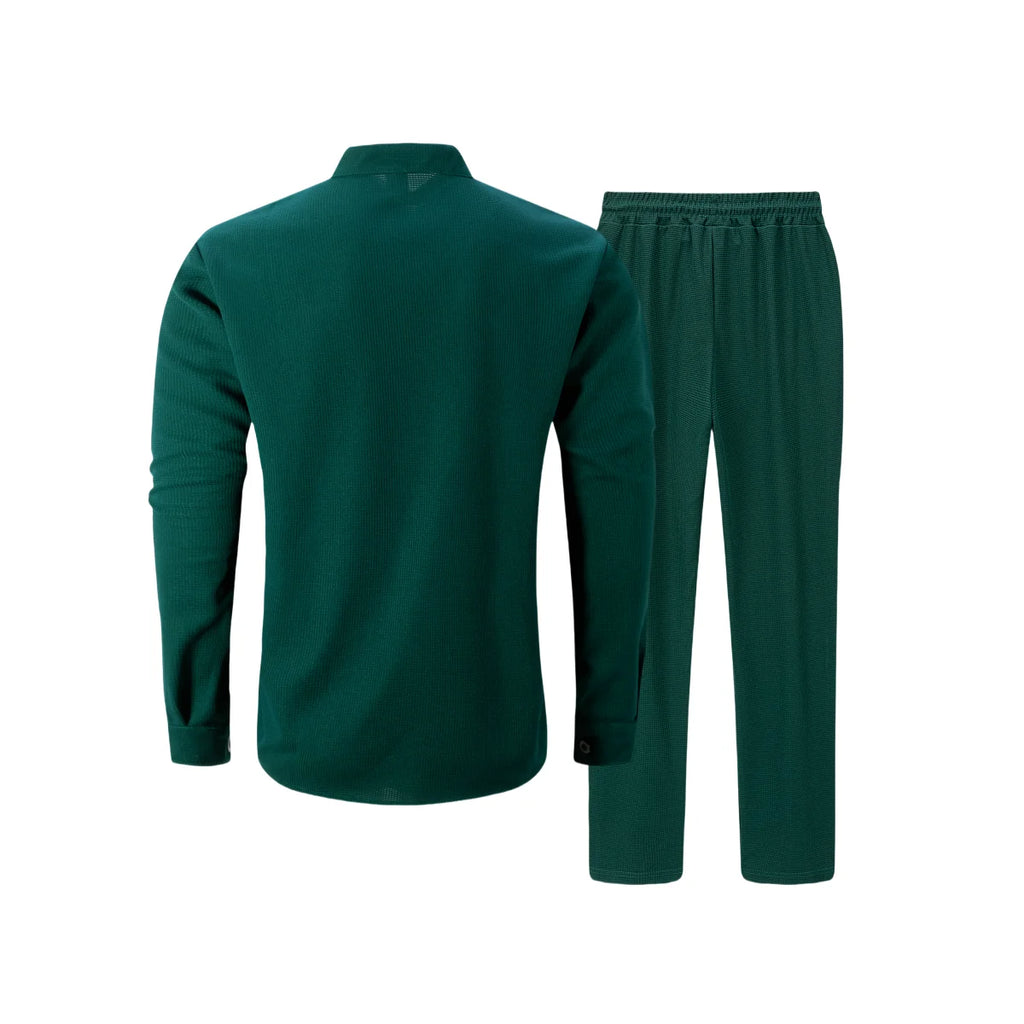 Men's Waffle Shirt Fashionable Stand-Up Collar Button Shirt and Trousers 1/2 Pieces Comfortable Breathable Casual
