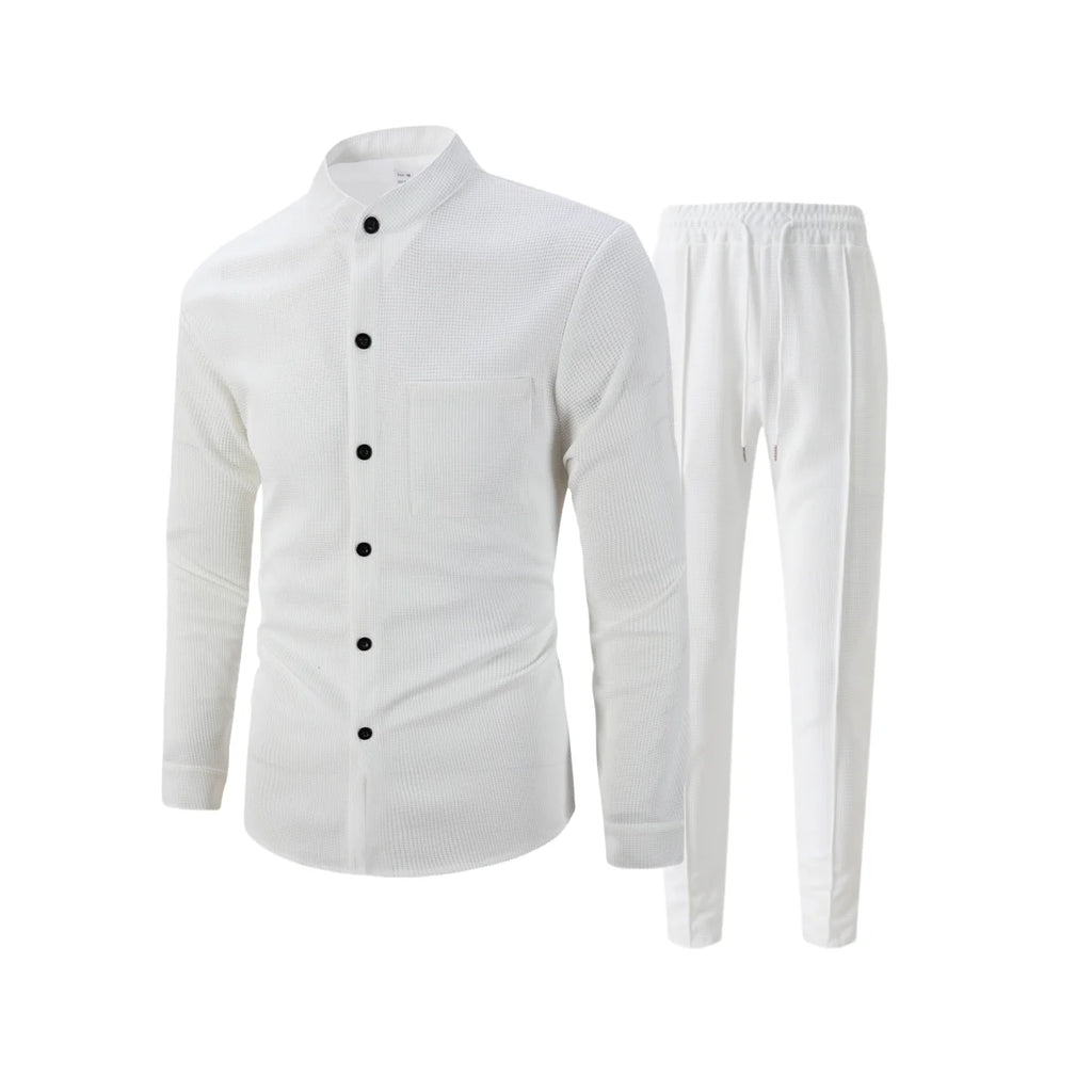 Men's Waffle Shirt Fashionable Stand-Up Collar Button Shirt and Trousers 1/2 Pieces Comfortable Breathable Casual