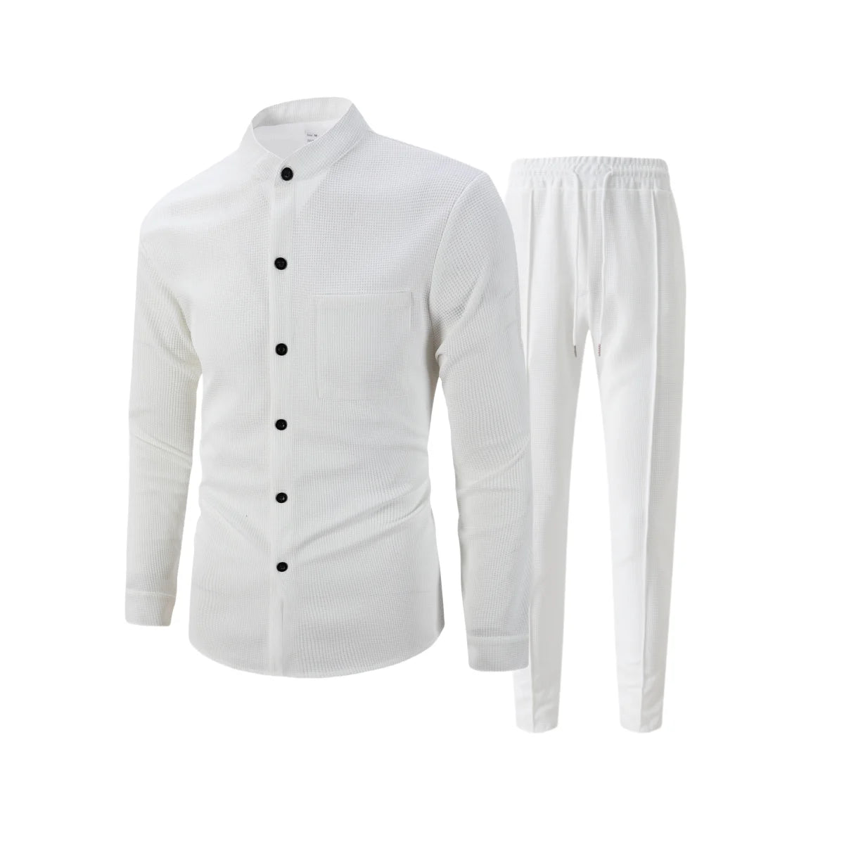 Men's Waffle Shirt Fashionable Stand-Up Collar Button Shirt and Trousers 1/2 Pieces Comfortable Breathable Casual
