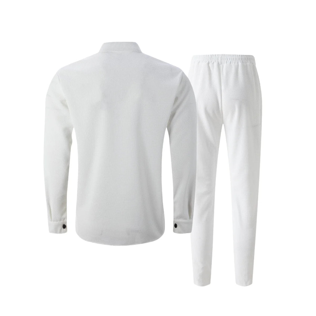 Men's Waffle Shirt Fashionable Stand-Up Collar Button Shirt and Trousers 1/2 Pieces Comfortable Breathable Casual
