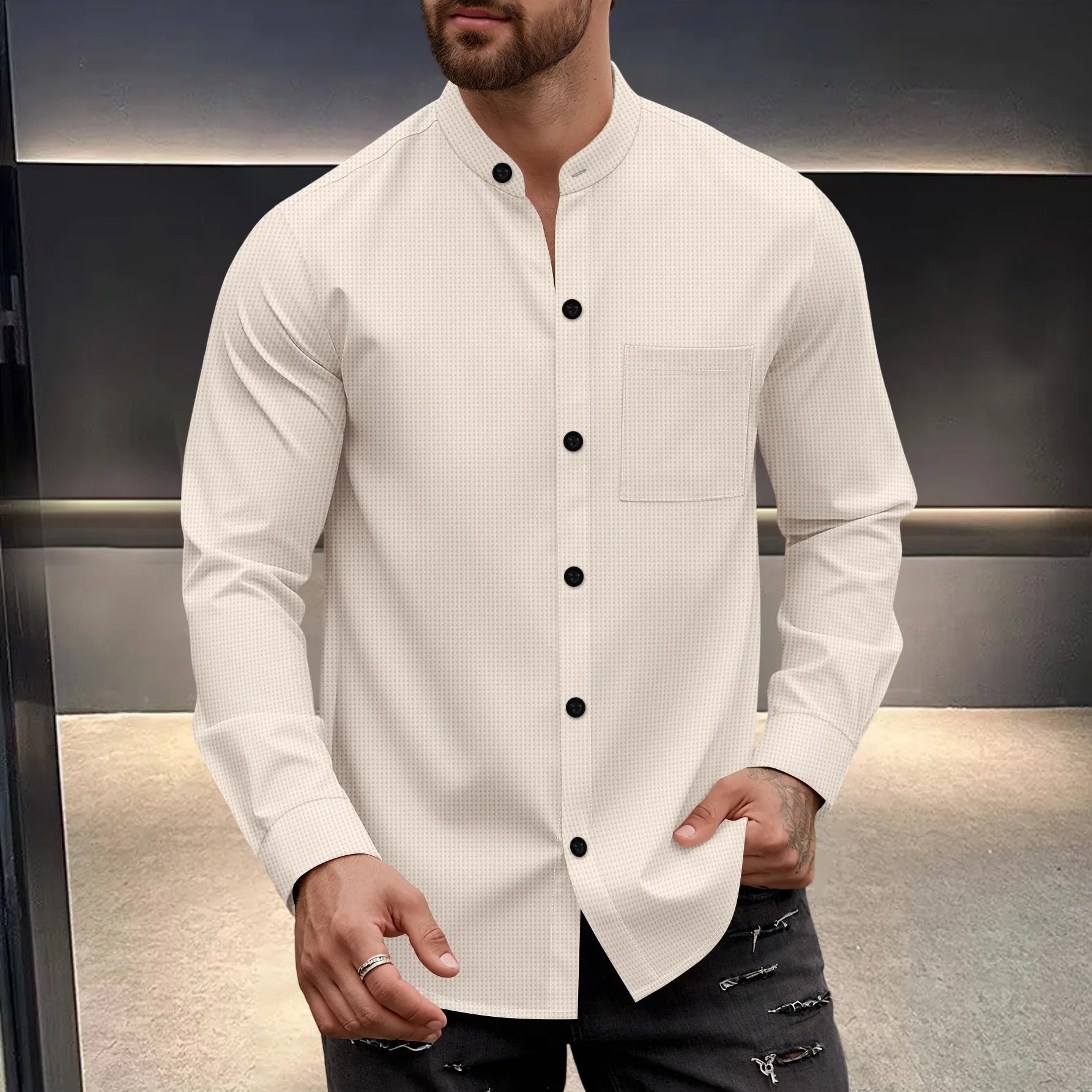 Men's Waffle Shirt Fashionable Stand-Up Collar Button Shirt and Trousers 1/2 Pieces Comfortable Breathable Casual