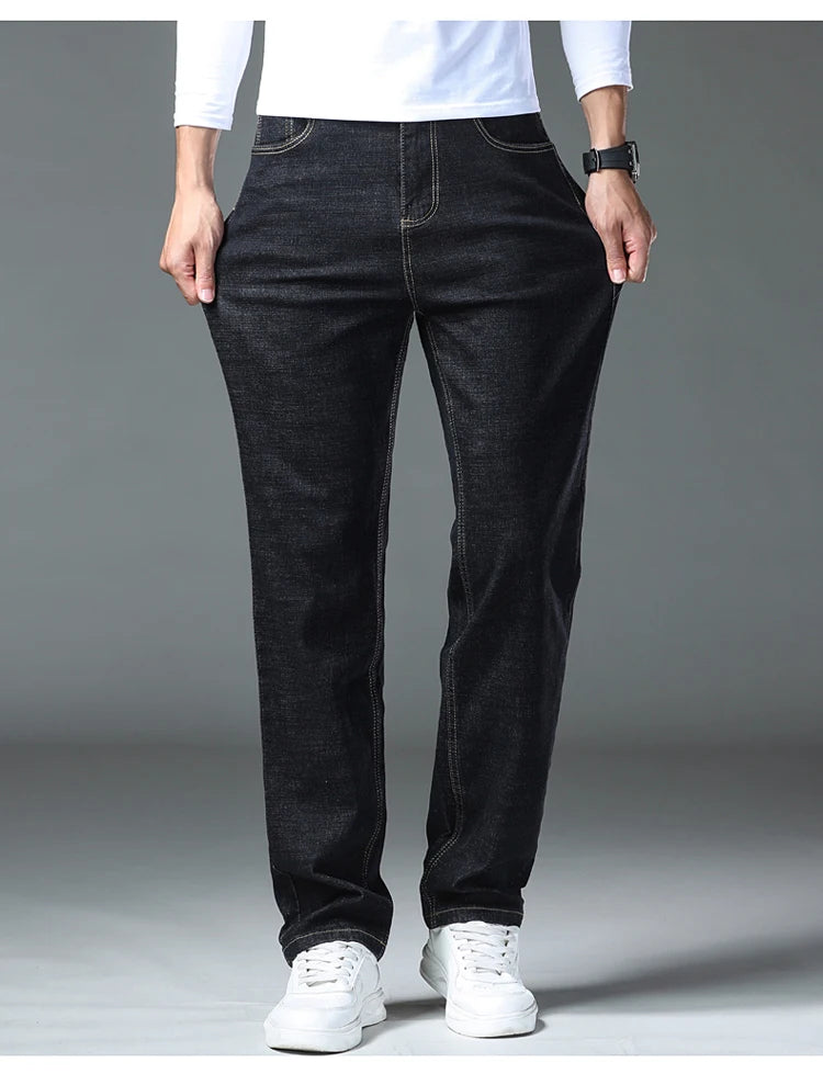2026 New Men's Straight Denim Pants  Brand Clothes Black Blue  Jeans Classic Washed Stretch Cotton Business Casual Pants