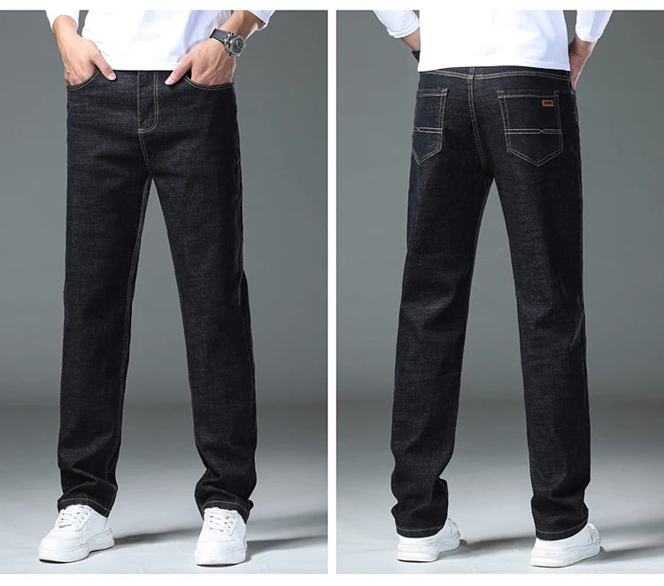 2026 New Men's Straight Denim Pants  Brand Clothes Black Blue  Jeans Classic Washed Stretch Cotton Business Casual Pants