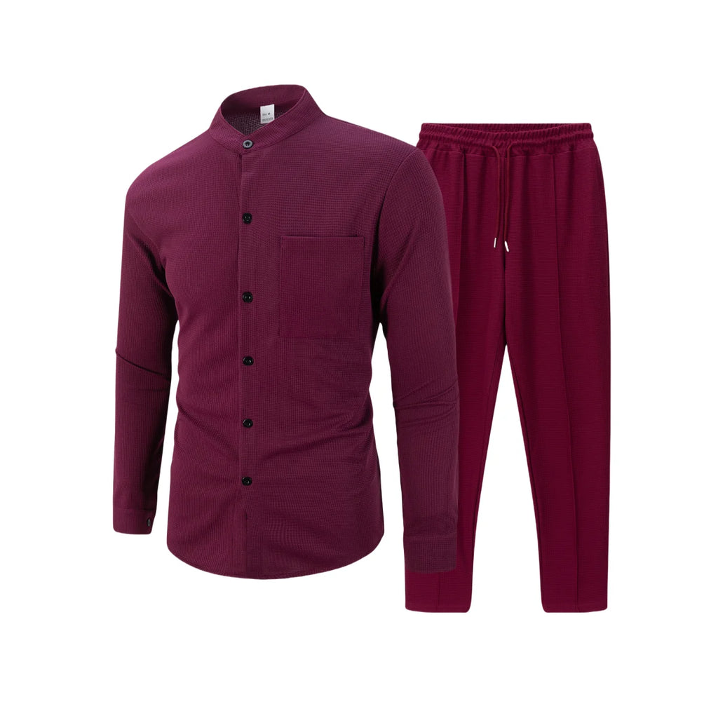 Men's Waffle Shirt Fashionable Stand-Up Collar Button Shirt and Trousers 1/2 Pieces Comfortable Breathable Casual